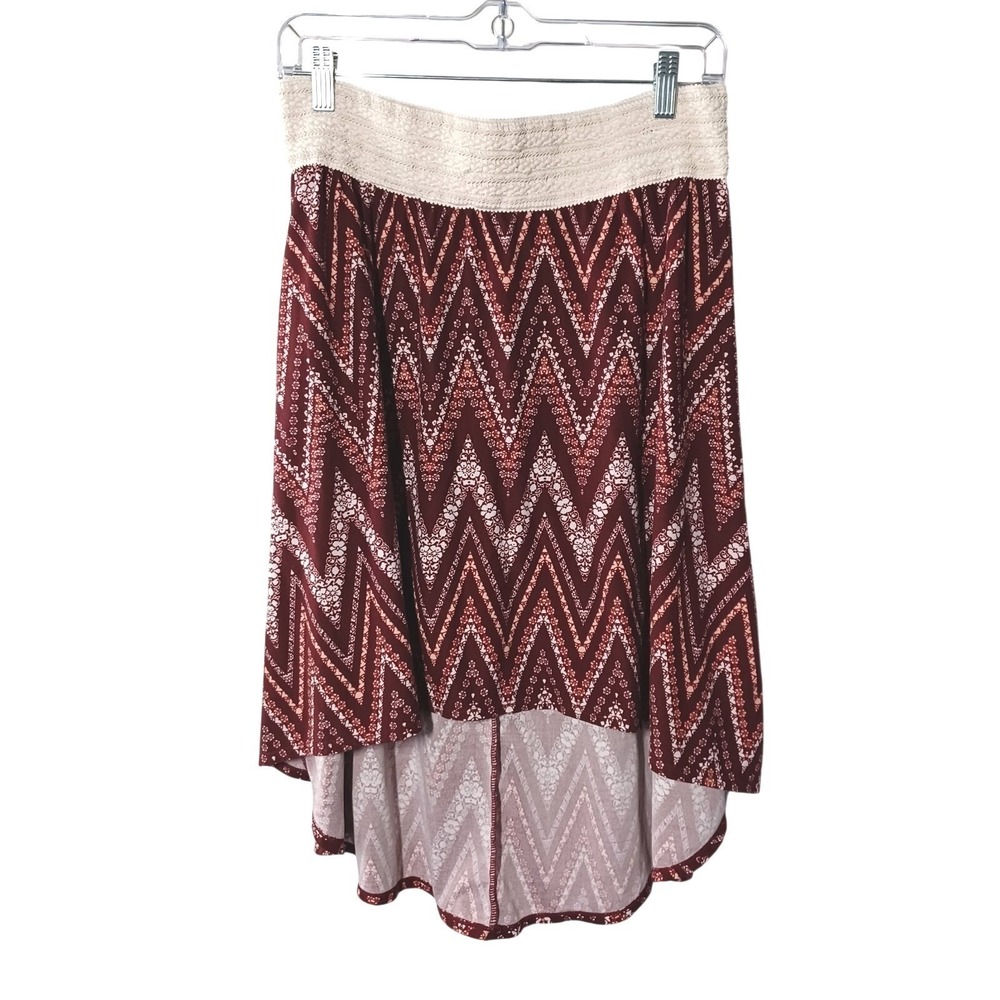 Boho Jr Girl XL High Low Skirt Wine Chevron Floral Crochet Asymmetrical Stretchy